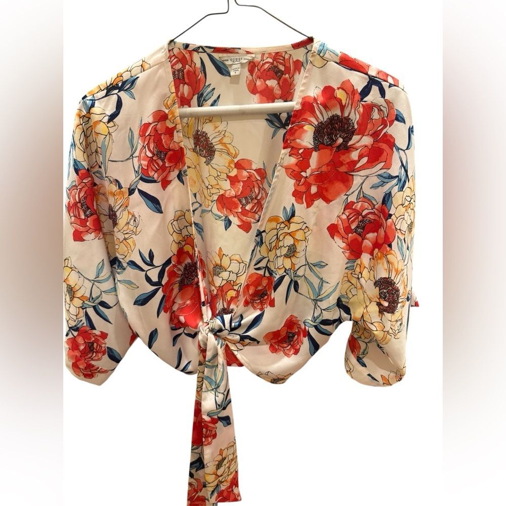 GUESS white + floral tie front to back crop top size small - Picture 1 of 7